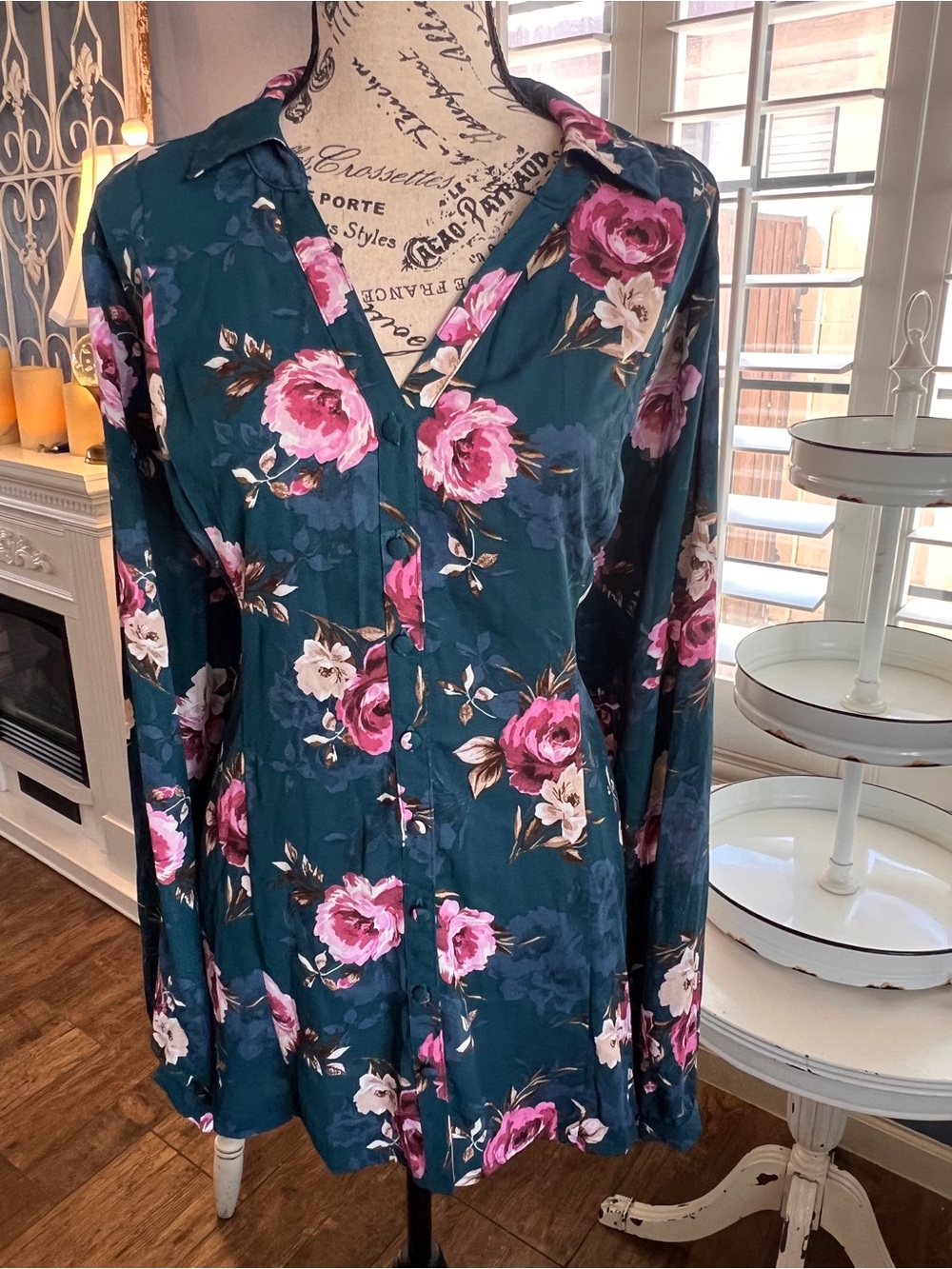 torrid Teal Floral Button-Front Long Sleeve blouse with Pink Roses